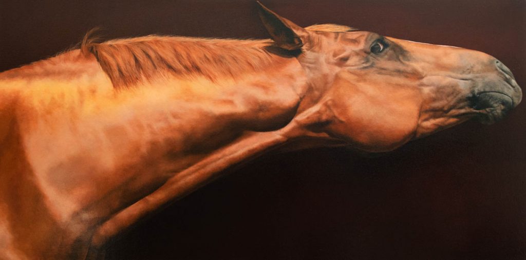 Anne-Marie Kornachuk: An Itch To Scratch, 2018 oil on canvas 24” x 48”