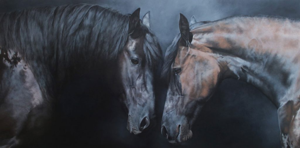 Anne-Marie Kornachuk: Tête-à-tête, 2018 oil on canvas 30” x 60”